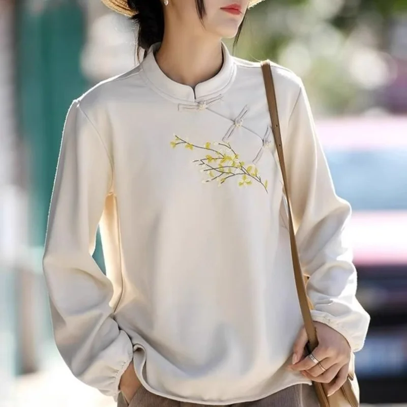 

Chinese Style Embroidery Sweatshirts Women Vintage Button Elegant for Ladies Classic Stand Collar Tops Stylish Autumn Winter New