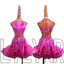 New Latin dance performance costumes, children's competition cha cha dance costumes, rose red tassels, sparkling