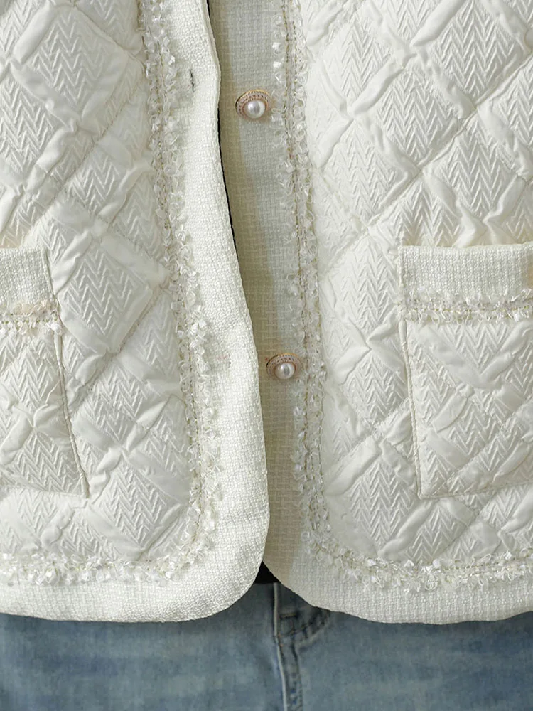 Lekka, cienka damska kurtka bawełniana z diamentową siateczką, krótki okrągły dekolt, jesienno-zimowa modna damska kurtka, ciepła kurtka damska z bawełnianą podszewką.