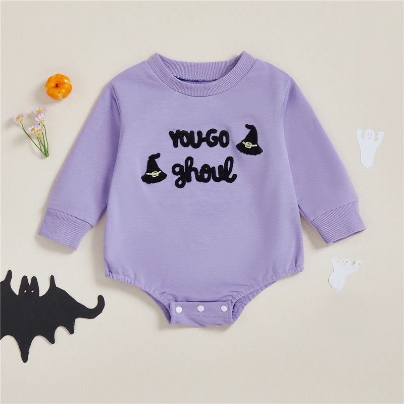 Toddler Newborn Baby Girl Halloween Sweatshirt Romper Ghost/Witch Hat Embroidered Crewneck Long Sleeve Jumpsuit Fall Clothes
