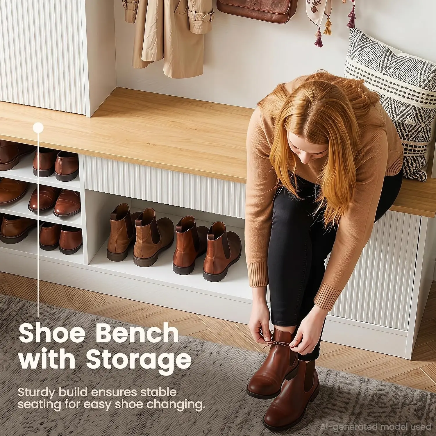 75" Hall Tree with Bench Storage Double-tier Coat Hooks Shoe Cabinet LED Lights Entryway Bedroom Mudroom White, Customized view 5