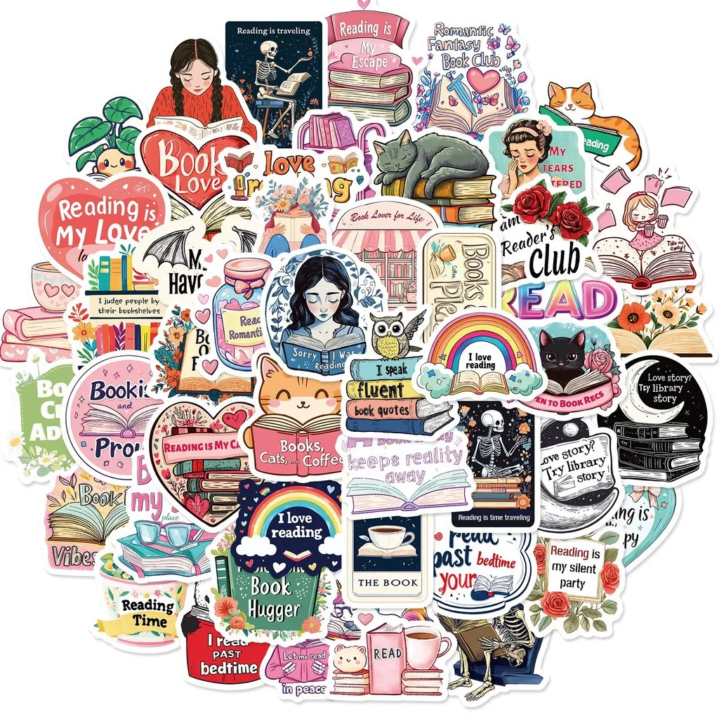 50Pcs Graffiti Text & Image Stickers Reading-themed Animal and Book Decals for Reading Inspirational DIY RecordingYourLife Store