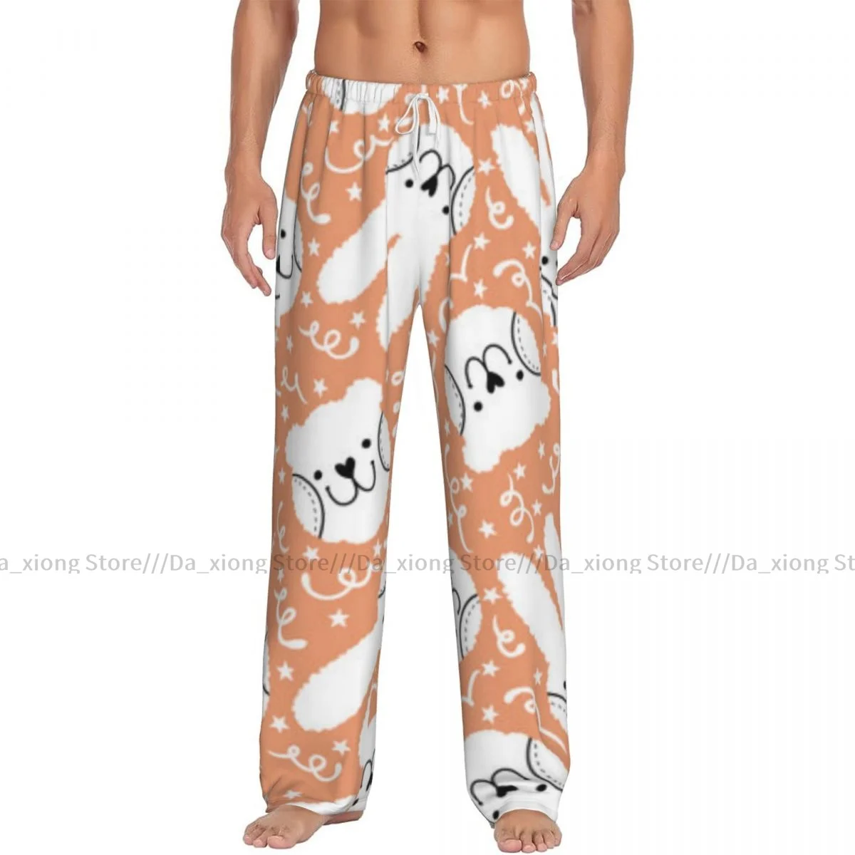 Mens Casual Pajama Long Pant Loose Elastic Waistband Cartoon Rabbit And Bear Pattern Cozy Sleepwear Home Lounge Pants