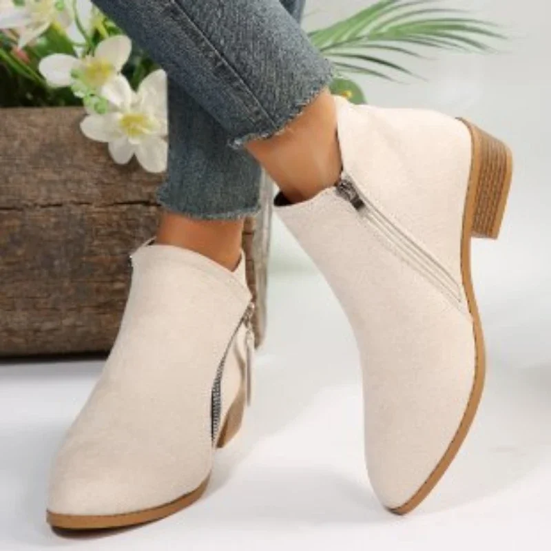 Women\'s Ankle Boots 2023 Spring Vintage Zip Heeled Short Boots for Women Fashion Chunky Heel Casual Single Shoes Female