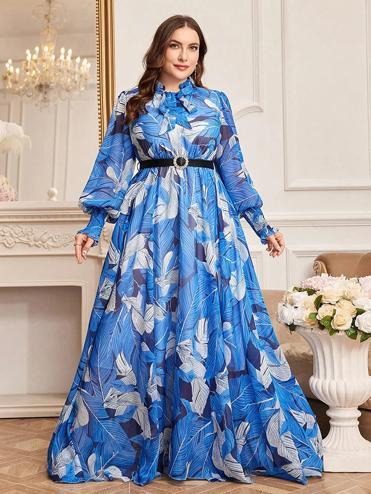 

TOLEEN-Women Belt Botanical Print Lantern Sleeve Evening Dress, Casual Elegant Bow Holiday Long Dresses, Plus Size, Summer 2024