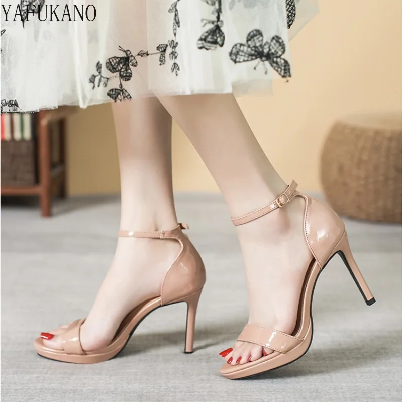 10Cm Nude Sandals for Women Summer Sexy Waterproof Platform High Heels Ankle Strap Thin Heels Roman Sandals Small Size 32 33