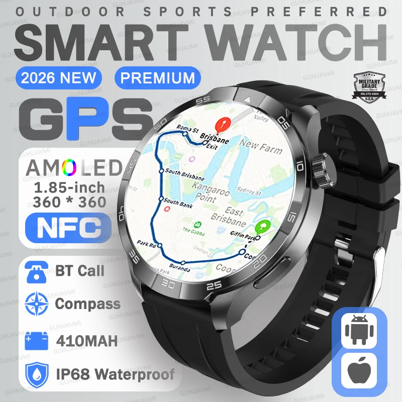 

Новые военные смарт-часы 2026 года с GPS-компасом, AMOLED HD-экраном 1,85 дюйма, NFC, водонепроницаемостью IP68, Bluetooth-вызовами и спортивным браслетом для мужчин