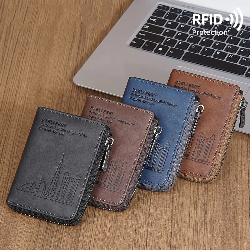 

PU Leather RFID Short Wallet Portable Card Holder Pouch Purse Zipper Coin Wallet Cowhide Small Money Clutch Case for Men Women