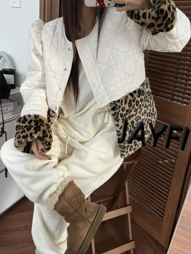 

Свободное женское хлопковое теплое пальто Jaet Dongda Gate Design с меховой отделкой и леопардовым принтом в стиле пэчворк с ромбовидным узором в Корейском стиле