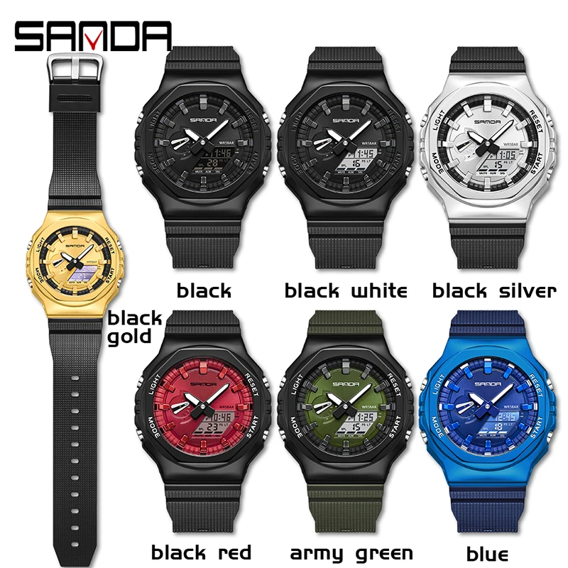 SANDA 3167 Fashion Military Sport Men Wrist Watch 50M Waterproof Luxury LED Dual Display Quartz Men Watches Relogio Masculino