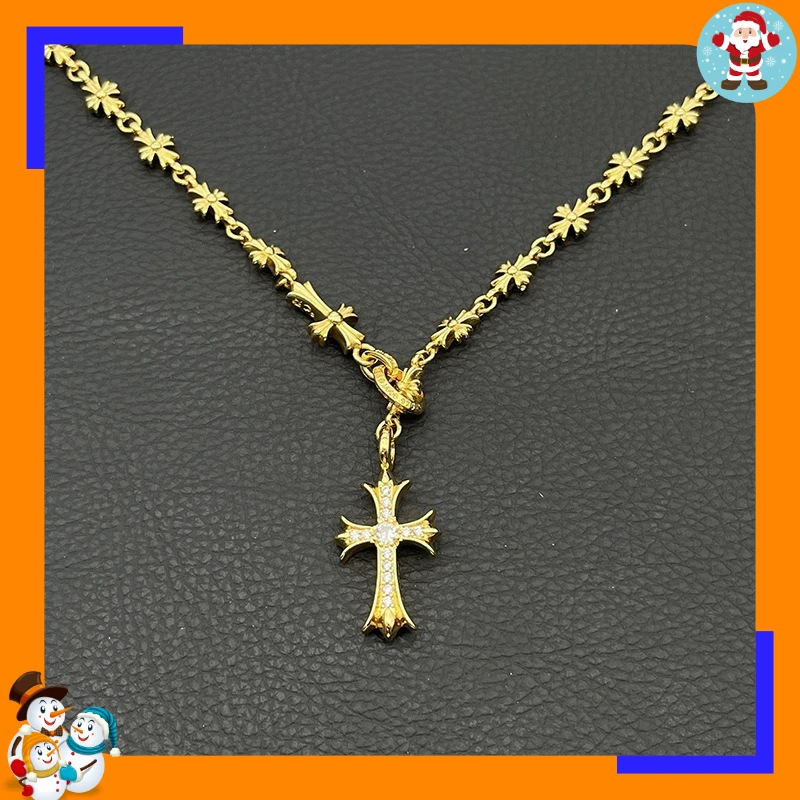 Premium Sense Gold Diamond Cross Telescopic Adjustment Integrated Necklace Men and Women Cross Flower Chain Tide Brand Internet