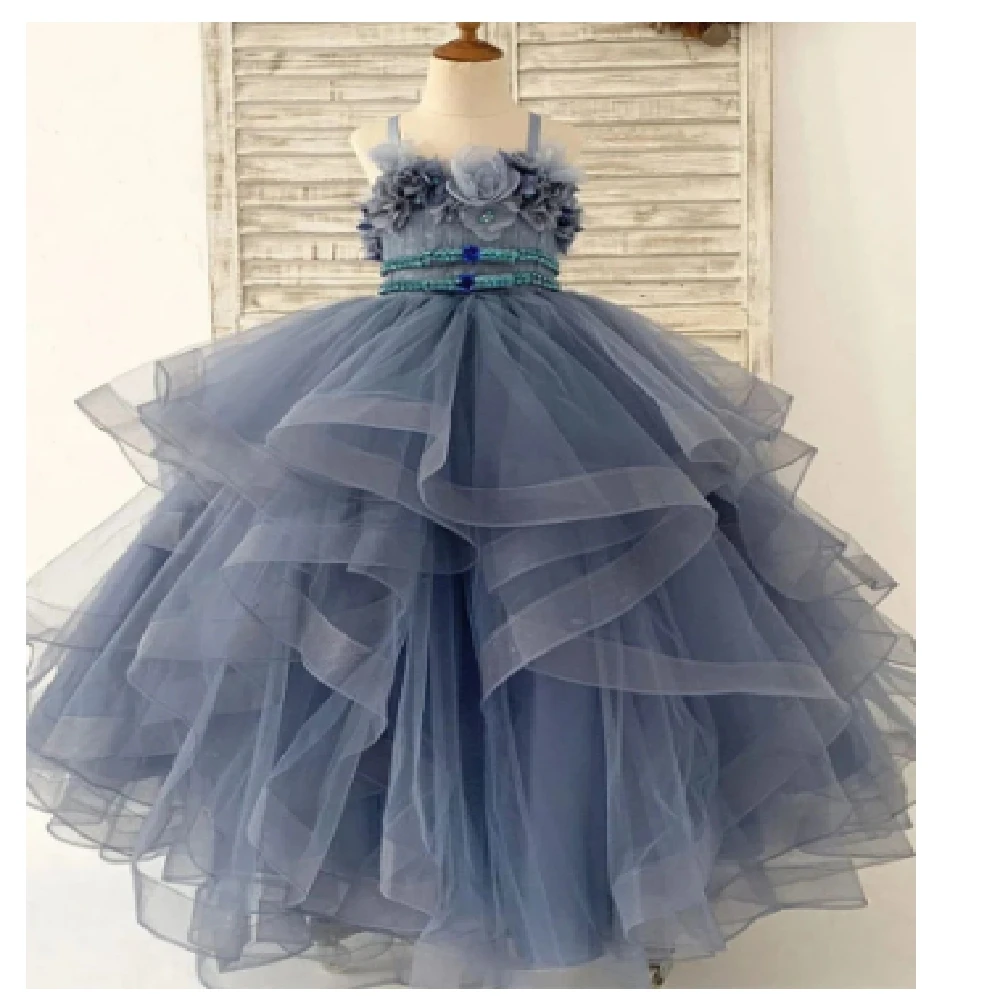 Vestidos de flores para niña, apliques de tul finos con correa para el hombro, tul de princesa de comunión, vestido de baile de cumpleaños para niñas, hasta el suelo