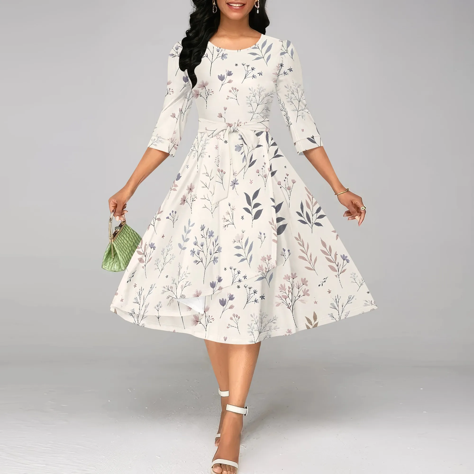 

EQQZD 3/4 Sleeve Round Neck Midi Dress, Elegant Floral Print Dress for Women, Standard Size Causal Loose Dress