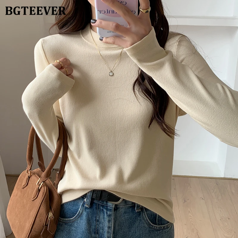 BGTEEVER Thick Half Collar Knitted T-Shirt Women Slim Fit Autumn Winter Bottoming Pullovers Shirt Female Warmer T-shirt