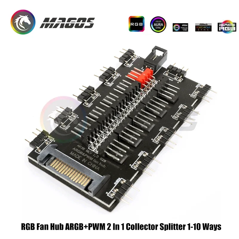 RGB 팬 허브 ARGB + PWM 2 in 1 분배기, 1-10 방식 컬렉터 지원 MB 5V 3핀 AURA SYNC, 컴퓨터 케이스 LED RGB 스트립 및 팬용