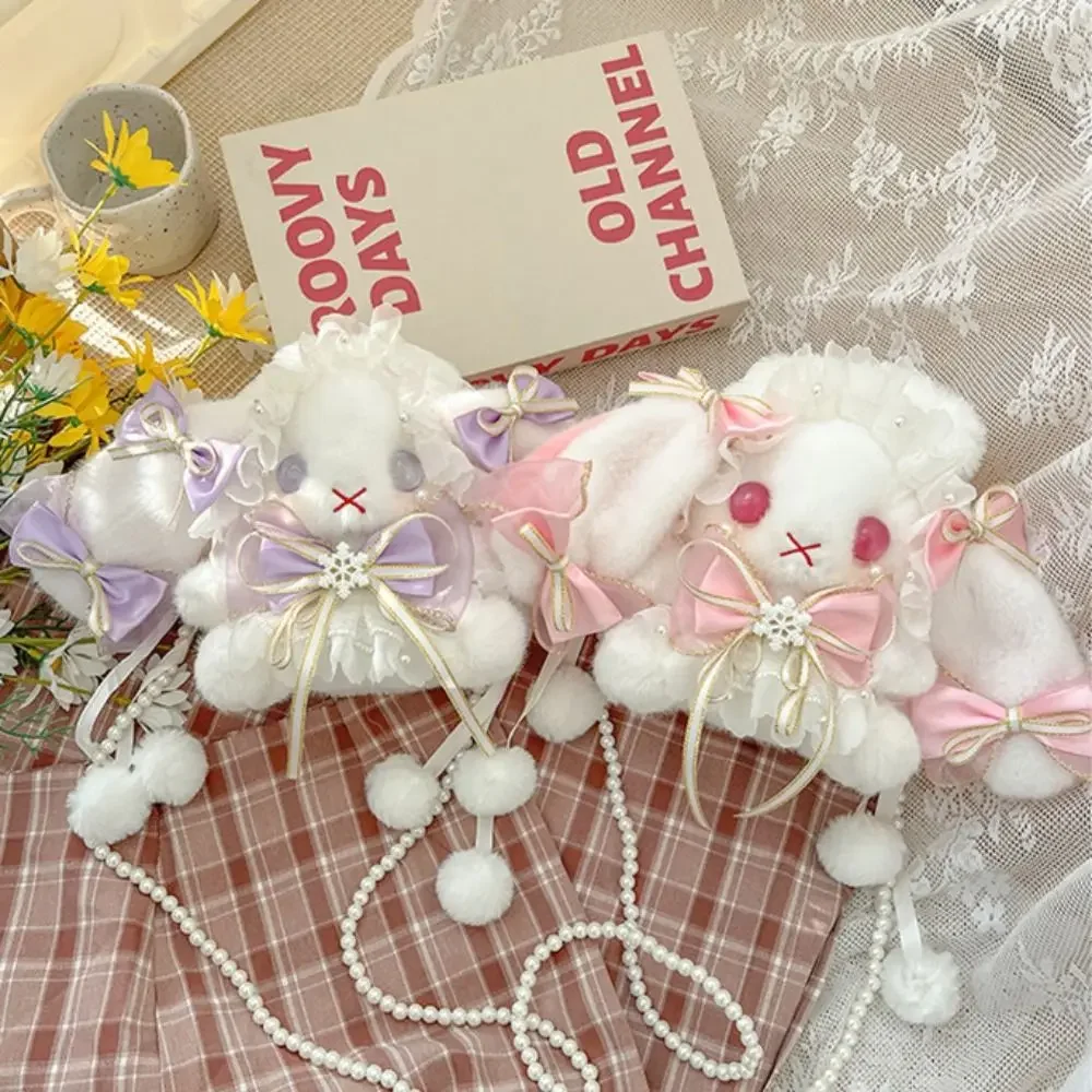 New Plush Bag Handbags Kawaii Bunny Plush Bag Kawaii Lolita Shoulder Bag Sweet Pearl Chain Purse Crossbody Bags Girl's Gifts