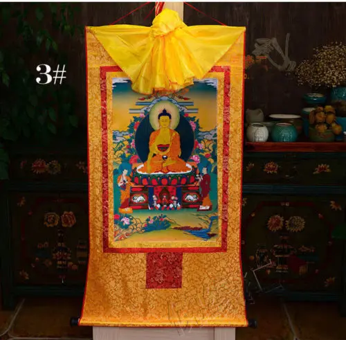 Tibetan Buddhist Buddha Silk Gild Thangka Thanka Sakyamuni Amulet Scroll 35CM