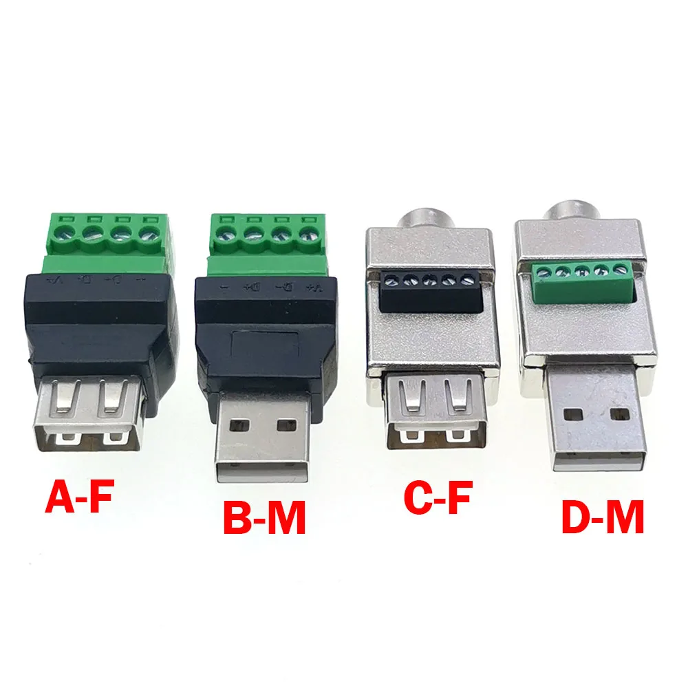 

1pc USB 2.0 Type A Male Female to 4 Pin 5P Screw Connector USB2.0 to Screw Terminal DIY Quick Connect No Solder Plug Socket