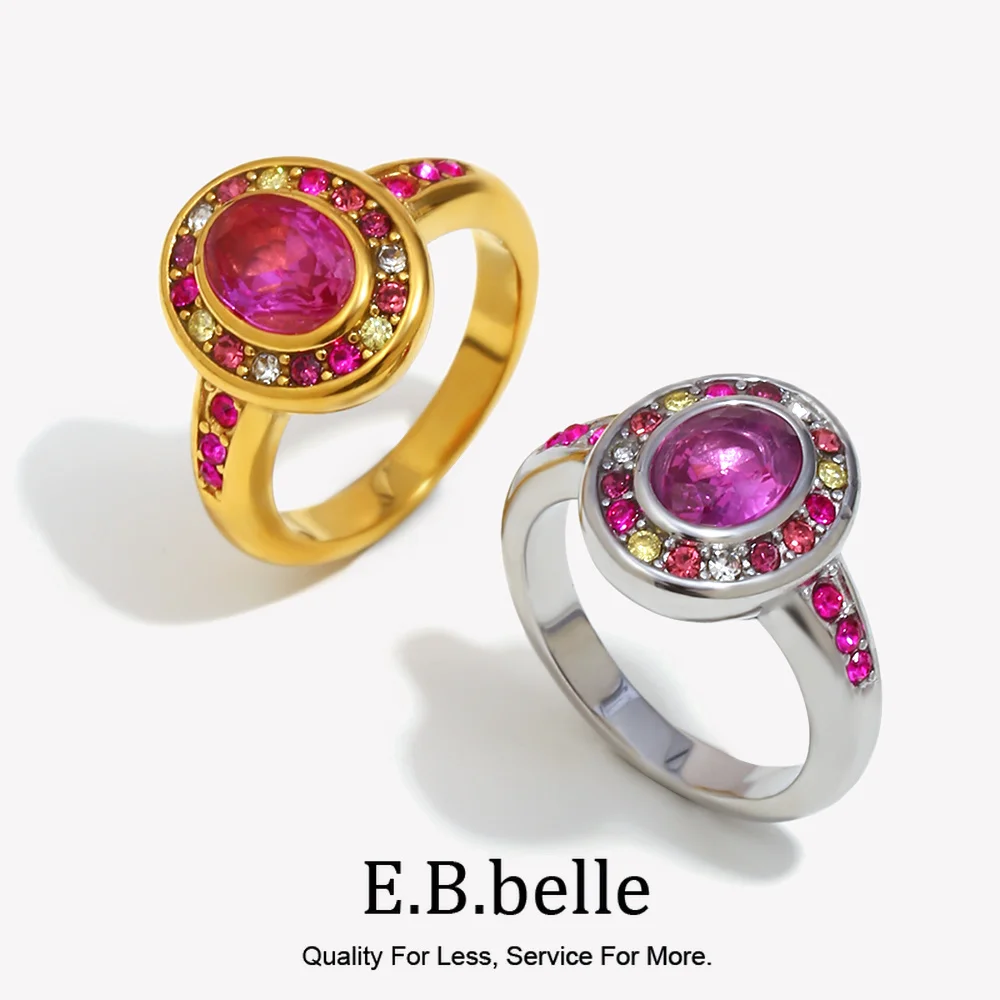 E.B.belle Stainless Steel Round Colored Zircon Ring With Pink Rhinestine Tarnish Free 18K Gold Plated Sweet Statement Jewelry