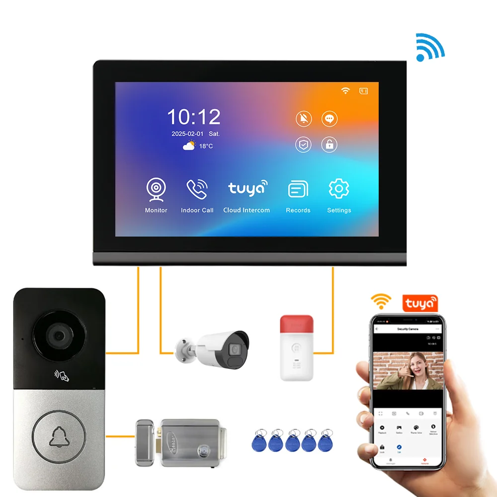 Video Intecom Camera Doorbell with 7 Inch HD Screen Tuya Smart Video Doorphone Intercom System for Home Villa