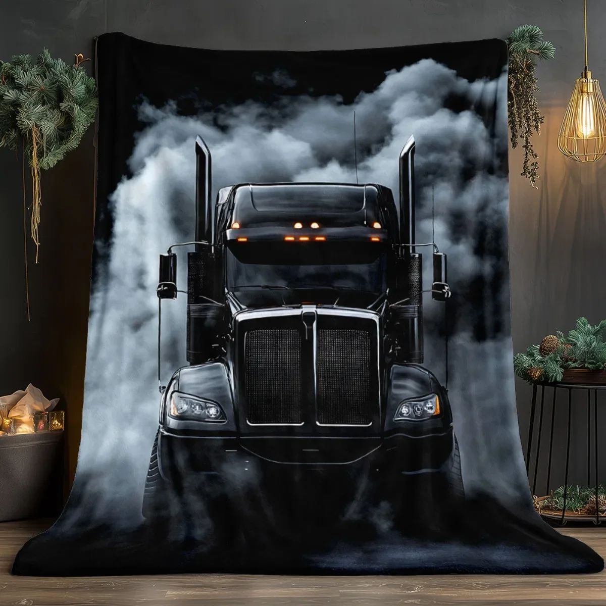 Black truck blanket trucker gift flannel  vehicle printman cave decor truck