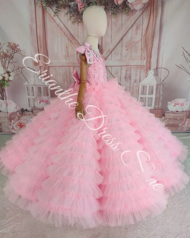 Pink Flower Girl Dress For Wedding Tulle Puffy Layerted Applique Beaded Kids Birthday Party First Communion Ball Gown Customized