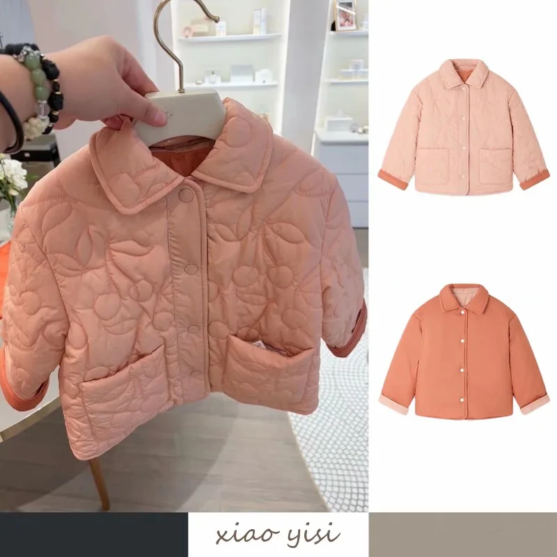 Girls Cotton Coat 26 Winter New Pink Cherry Embroidery Thickened Warm Children's Coat Cotton Lapel Girls Reversible Cotton Coat