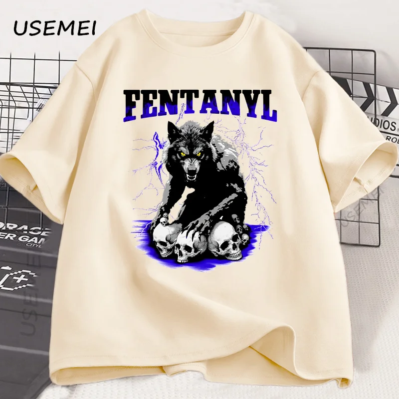 

Fentanyl Graphic Wolf Skeleton Graphic T Shirts Cotton Short Sleeve Men Gothic Vintage T-shirts Male Humor Oversized T Shirt