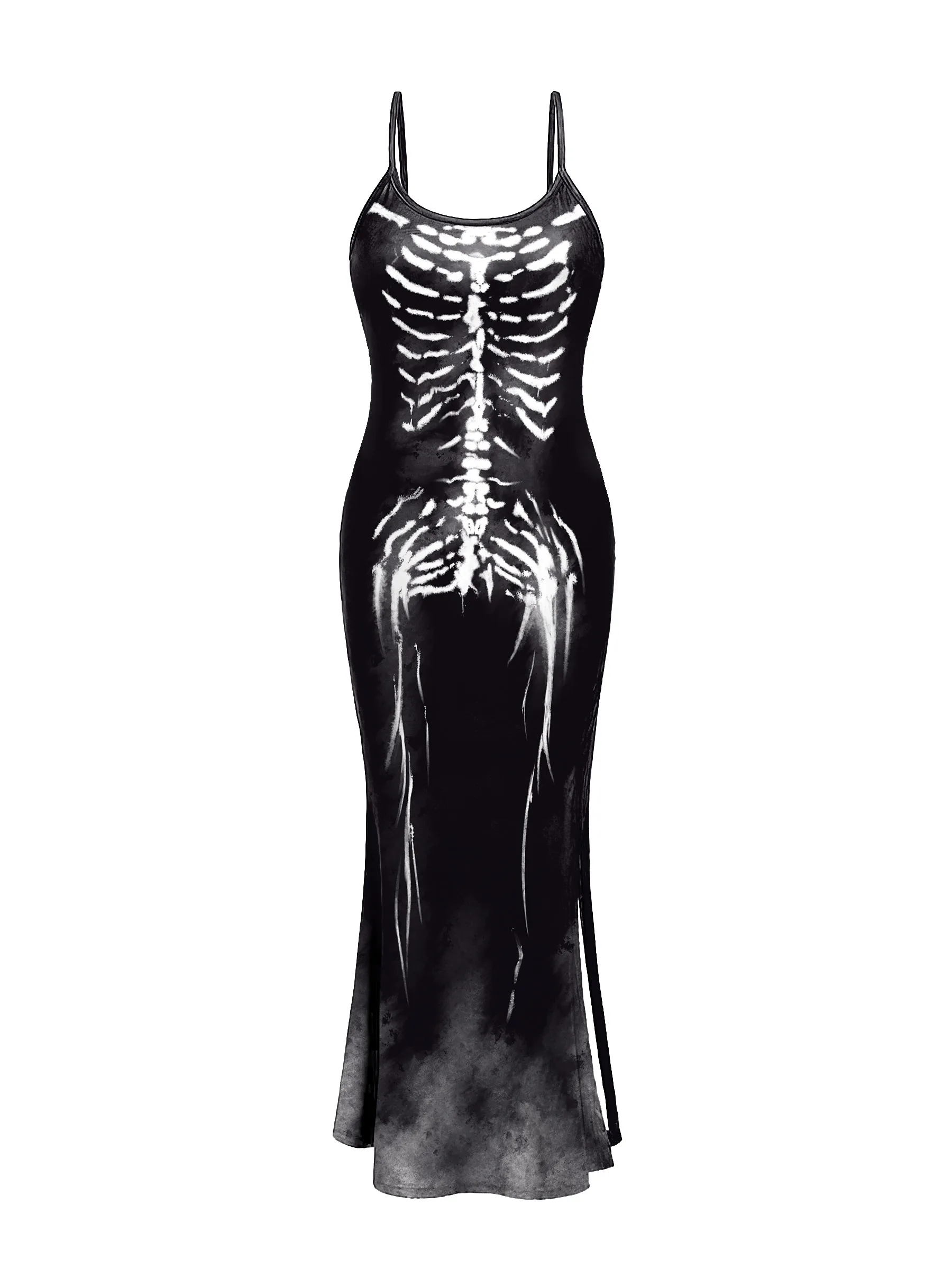 Halloween Goth Slip Long Party Dress Women Witch Cosplay Costume Adult Long Sleeved Backless Dress Skeleton Print Fancy Clothing