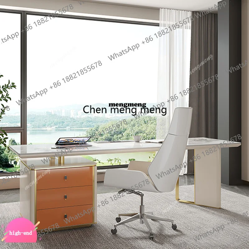 Modern Sintered Stone Desk with Drawer Storage Cabinet and Metal Legs, Contemporary Writing Table for Home Office or Study