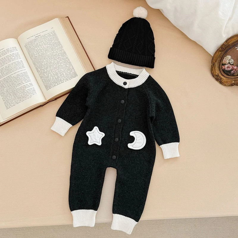عيد الميلاد طقم قطعة واحدة للأطفال الخريف الرضع الحياكة بذلة الوليد الطفل نجوم والقمر البلوز رومبير الخريف سترة الموضة