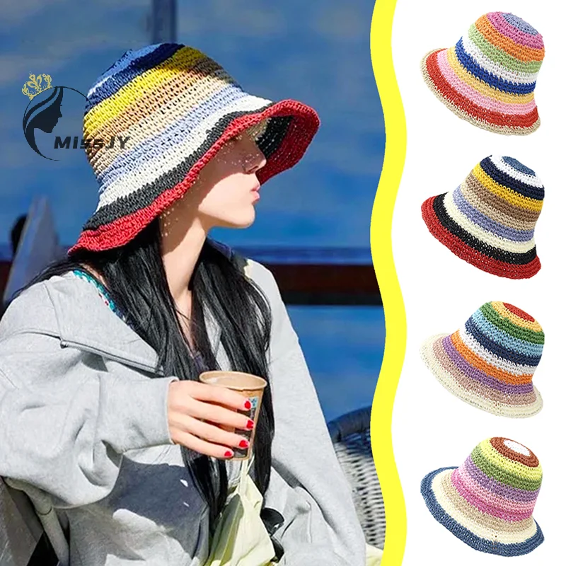 

Rainbow Straw Hat Women's Summer Outing Sun Protection Beach Grass Woven Fisherman Hat Sweet Cute Sle Round Top Large Brim