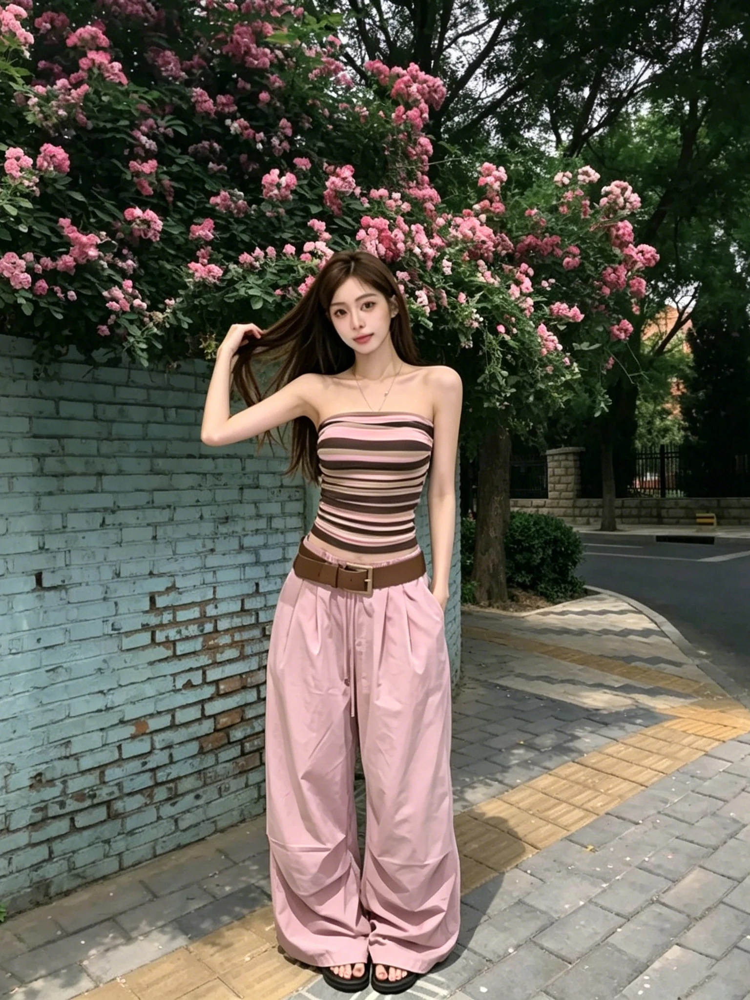 

Fashionable Commute Sweet Cool Spicy Girl Set Women's Striped Tube Top Pink Wide Leg Workwear Pants Slimming Two Piece Set