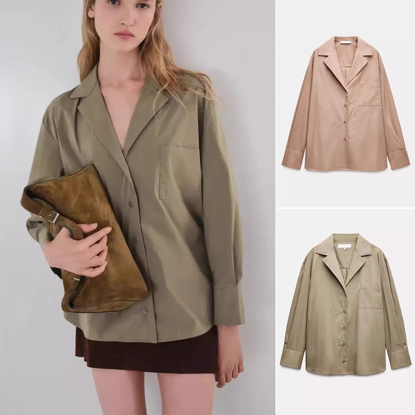 

Fall 2025 mat Sle Single Row Multi-Buled Long Sve ket Decorated antou Silk irt Women's Commute Loose Fit