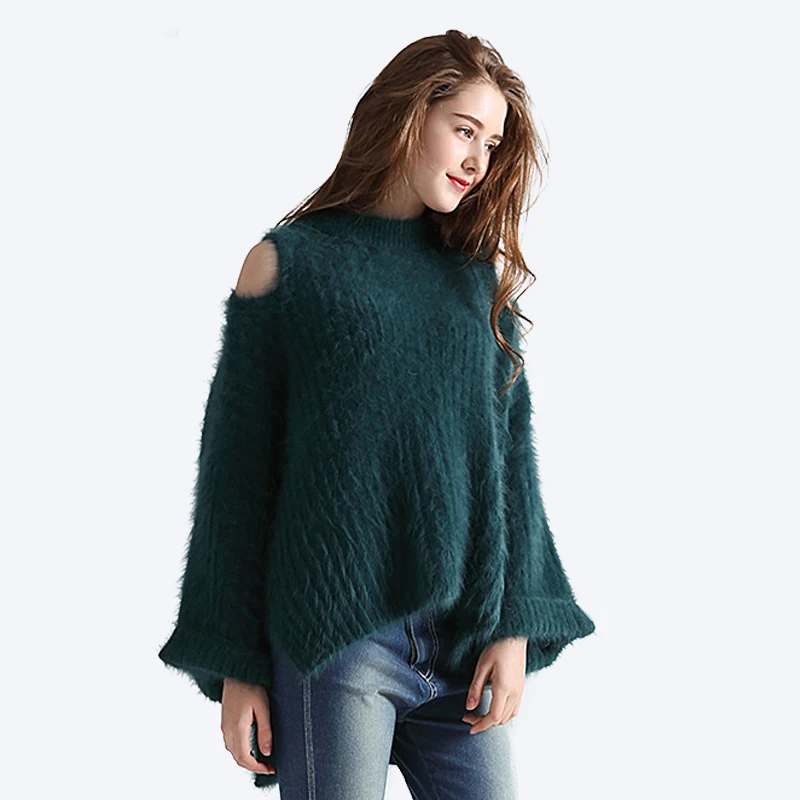 

BAHTLEE-Women's Angora Rabbit Knitted Pullovers, Sweater with O-Neck, High Elasticity, Loose Off Shoulder, Autumn, Winter