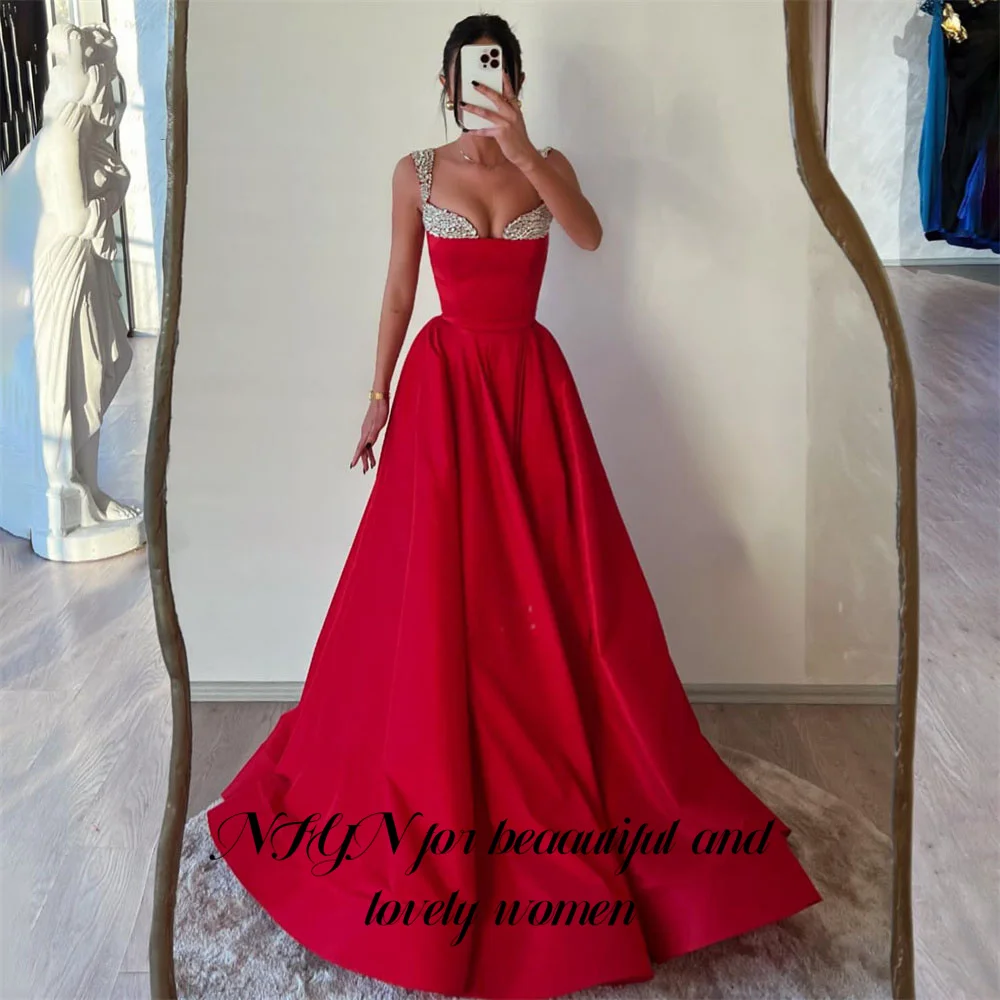 

NFYN Spaghetti Strap Red Prom Dresses Gown Stain Beach Formal Gown A Line Beading Evening Gown vestidos de noche Customized