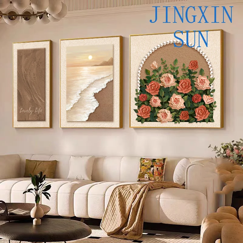 French Retro Living Room Decorative Painting Rose Flower Sofa Background Wall Hanging Painting Light Luxury High Sense Art Wall