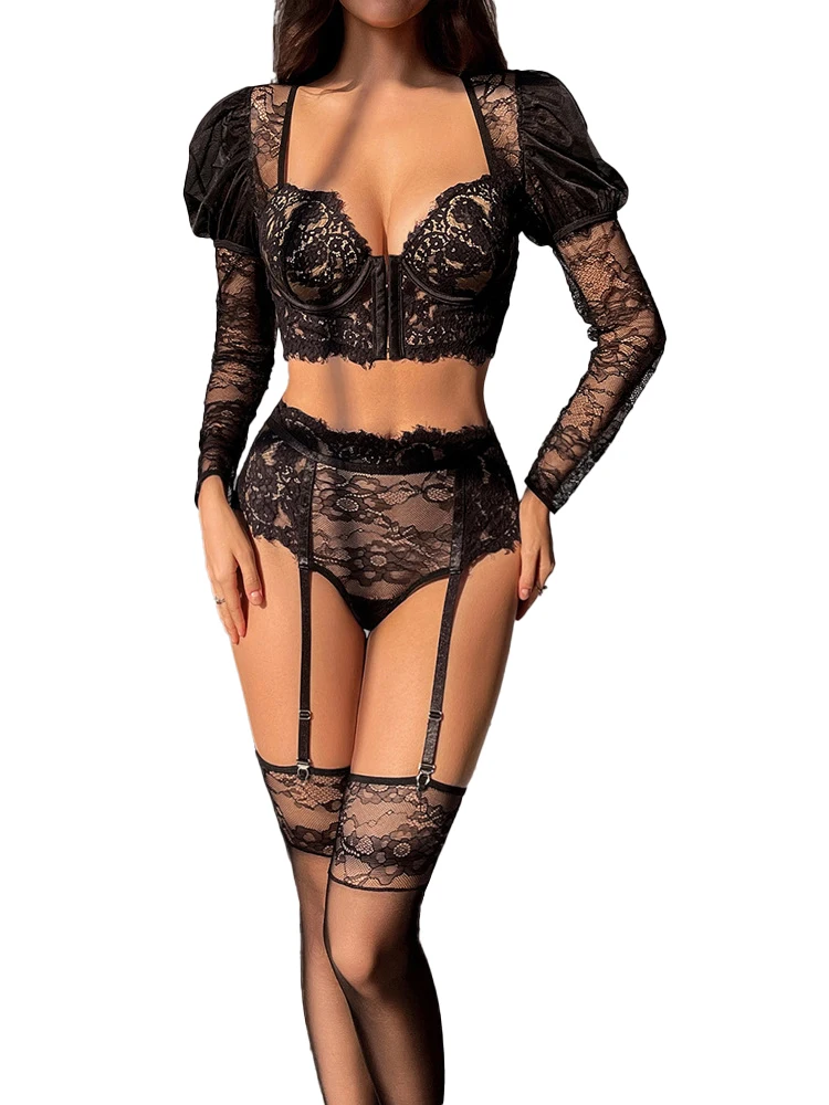 

Sexy Ladies Luxury Bra Set Lace Nightclub Hollow See-through Hot Girl Slim Stockings Temptation Erotic Lingerie three-piece Set