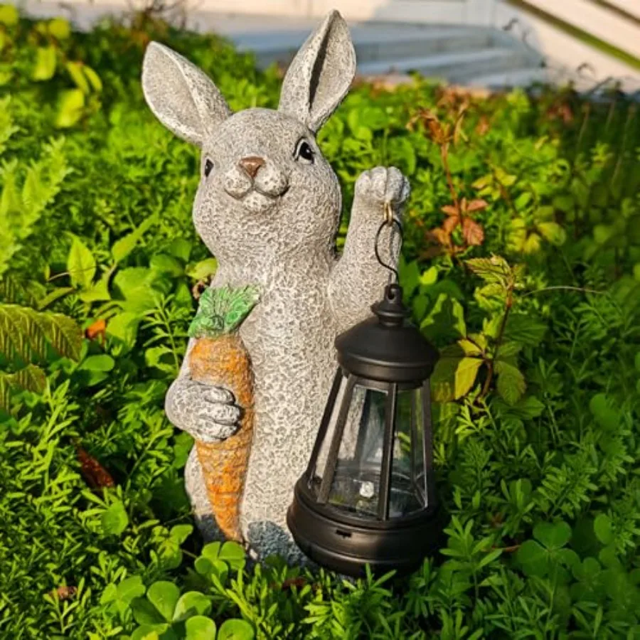 Solar Rabbit Garden Statue with Lantern Bunny and Carrot, Waterproof Resin Outdoor Figurine