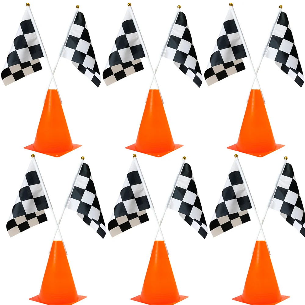 18 Pcs Race Car Kids Birthday Party Traffic Cones and Racing Checkered Flags Black and White Flags Orange Red Sports Safety Cone