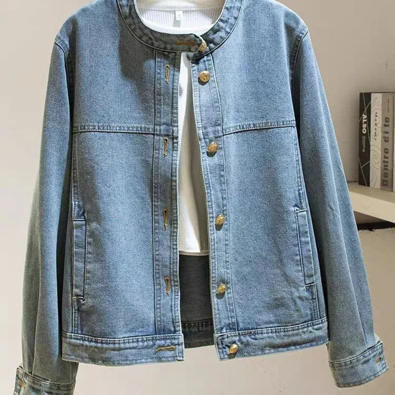 

New Womens Senior Sense Denim Jacket Spring Autumn Loose Base Coat Fashion Female Casual Motorcycle Coat Stand Collar Light Blue