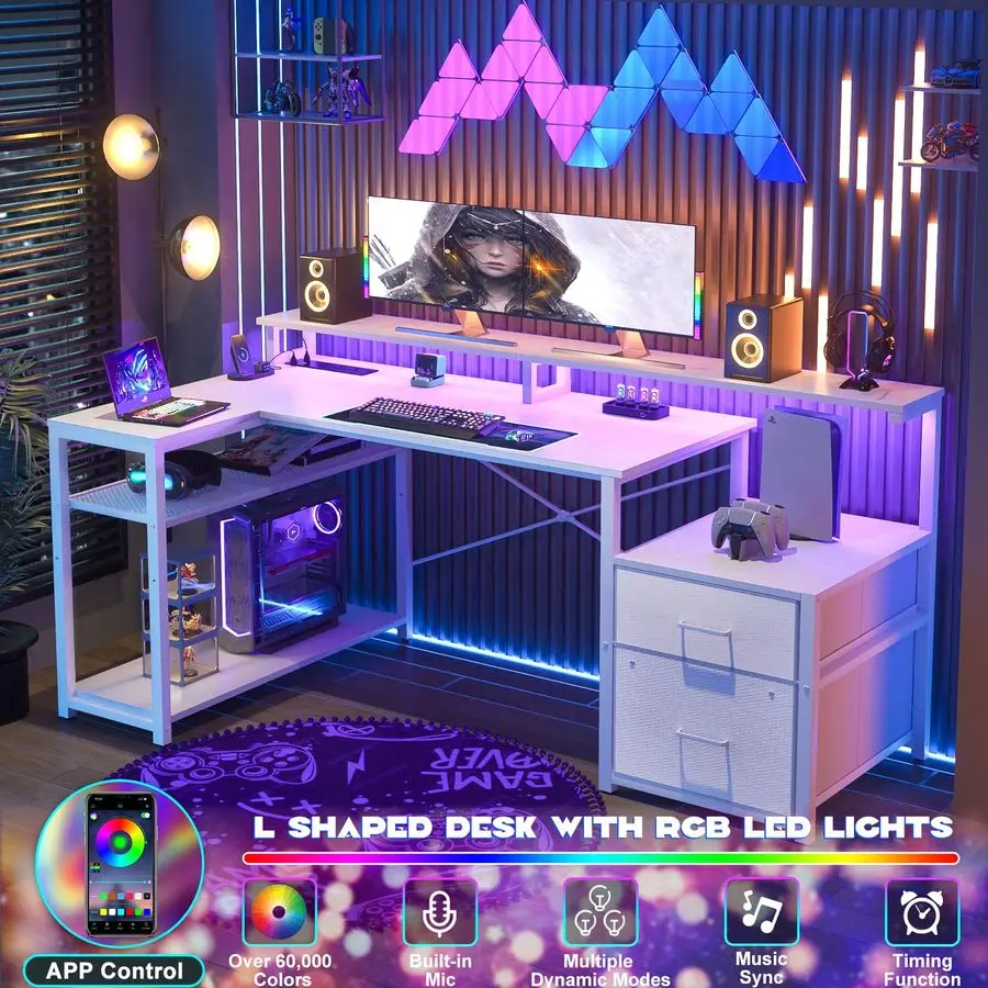 L Shaped Desk with File Drawer, Reversible L Shaped Computer Desk Gaming Desk with Power Outlet amp LED Strip, Home Office Desk
