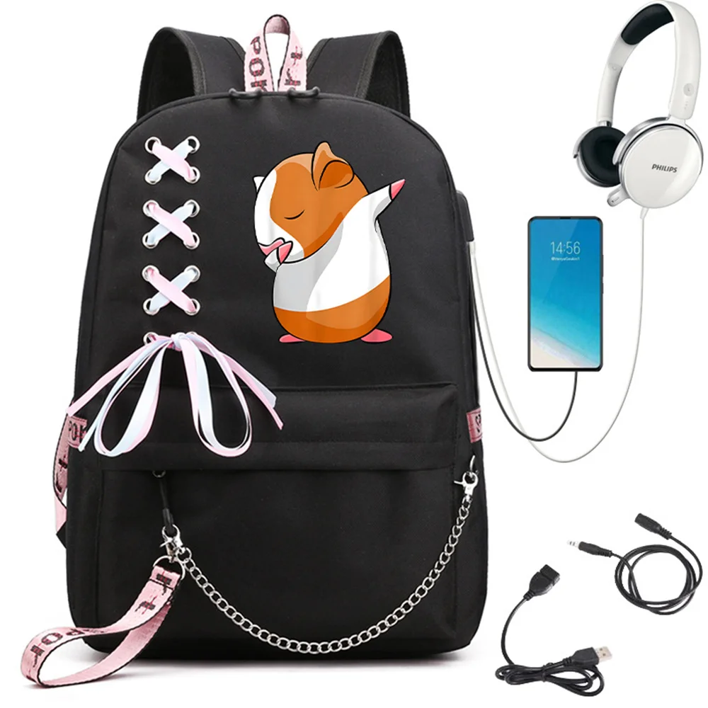 Usb Port Backpacks Bag for Women Schoolbag Kawaii Girls Student Backpack DabbingGuinea Pig Design Teenager Travel Bag Rucksack