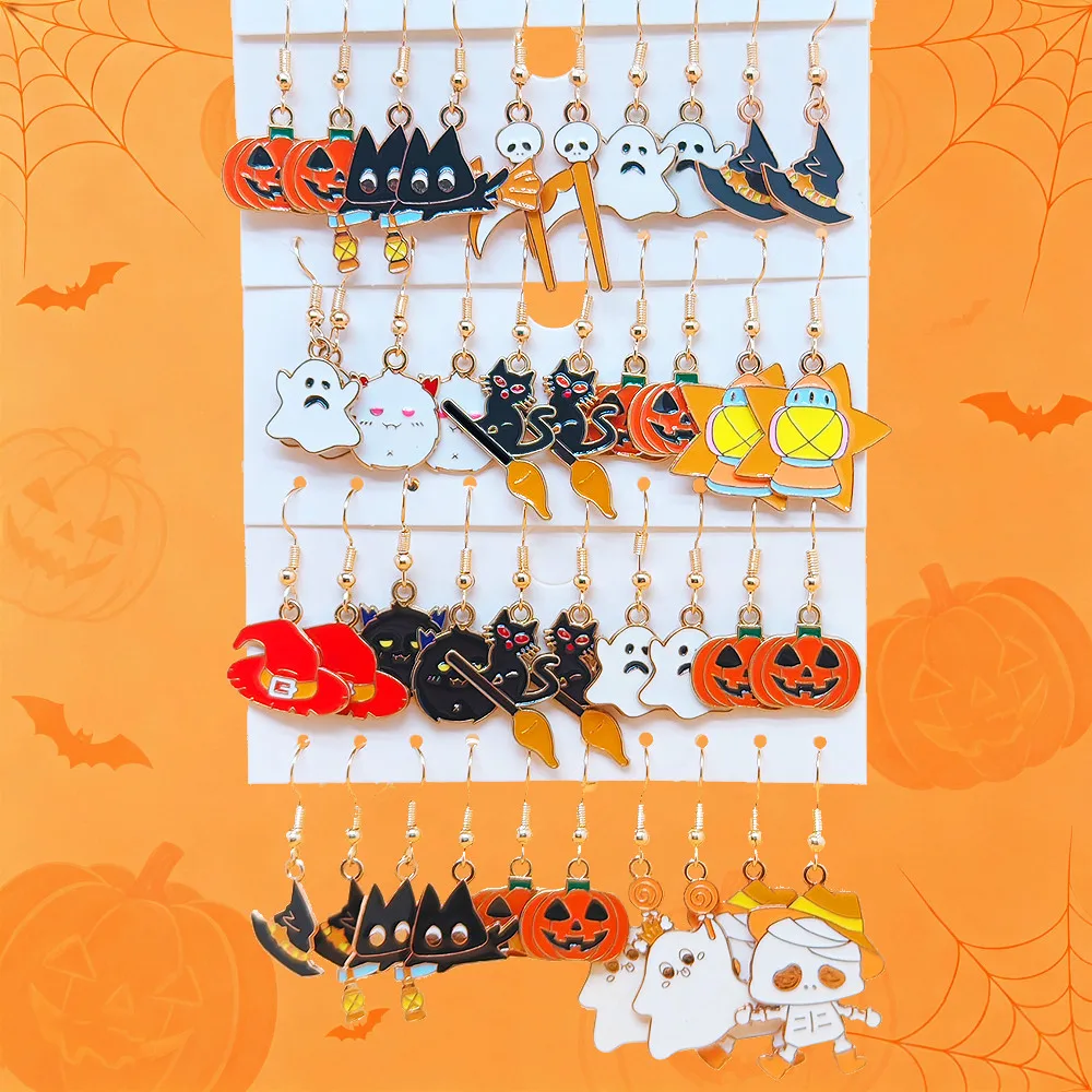 40PCS/20Pairs Halloween Enamel Dangle Earrings Pumpkin Witch Hat Ghost Black Cat Mummy Lantern Women Cosplay Party Fashion Gift