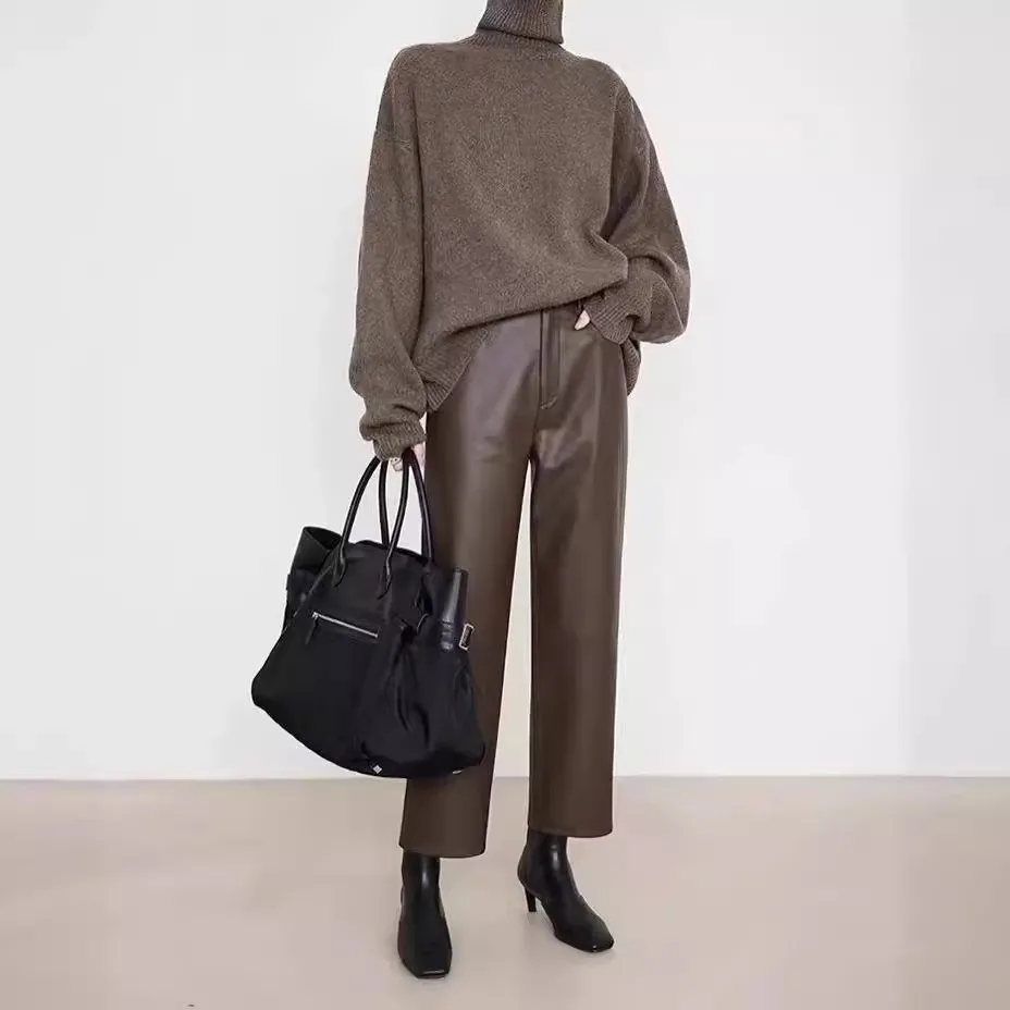 Tao Ting Li Na Genuine Leather Pants Light Luxury Sheepskin Maillard Casual Trousers High Waist Slim Straight Women's Pants
