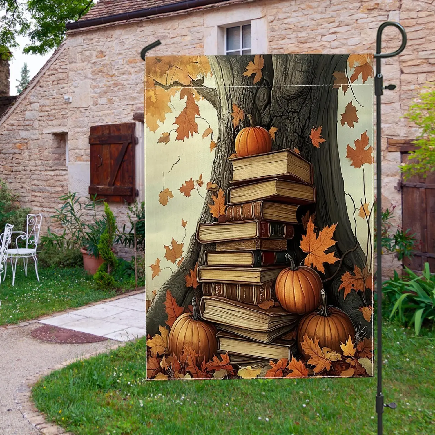 Fall Book Coffee Landscape Garden Flags 12x18 Inch Double Sided for Outside, Autumn Pumpkin Maple Leaf Standard Vertical Can UUX