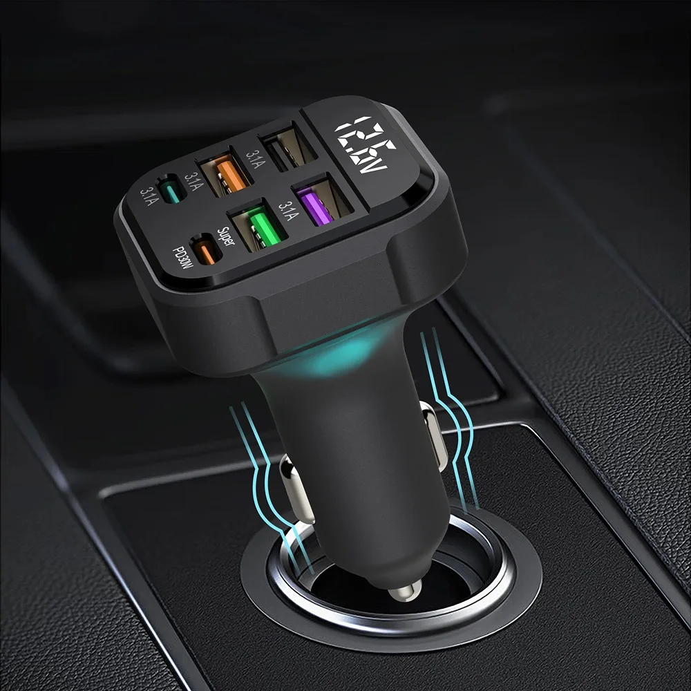 شاحن سيارة USB متعدد المنافذ، محول شحن سريع للغاية PD من النوع C لهاتف iPhone 15 16 Pro Max Samsung iPad والمزيد