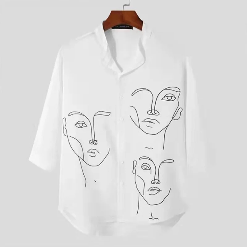 

Human Face Pattern Shirt Top Three Quarter Sleeve Casual Shirt Black and White Fashionable Young People Street Clothing Summer