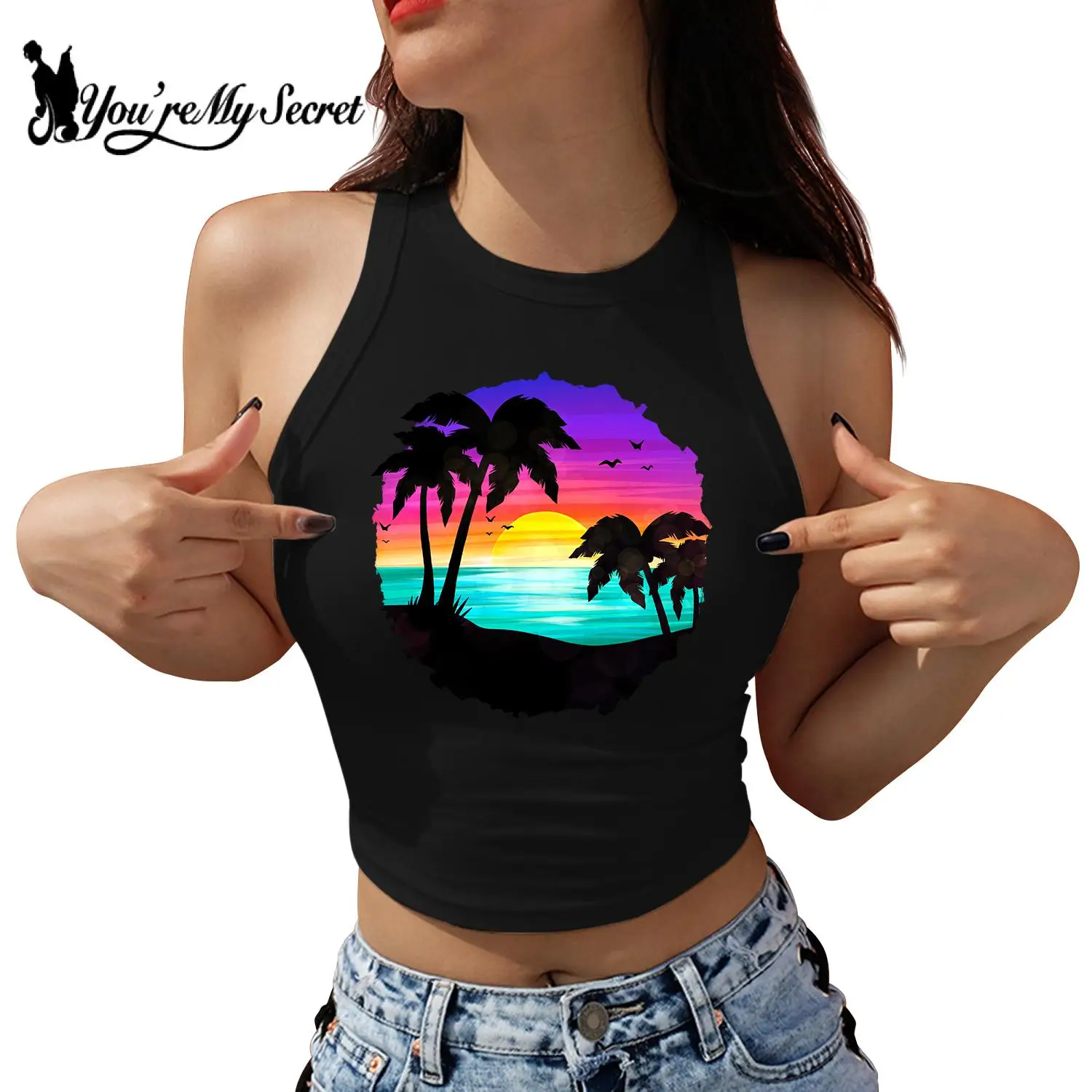 [You're My Secret] Summer Hawaii Sea Beach Print Women Sexy Crop Top Shirt Goth Sleeveless Tank Streetwear Slim Tee Y2K Clothes