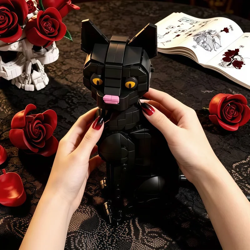 1576 particle style black cat assembly building blocks, skull vase with red rose bouquet, creative desktop art decoration collec view 2